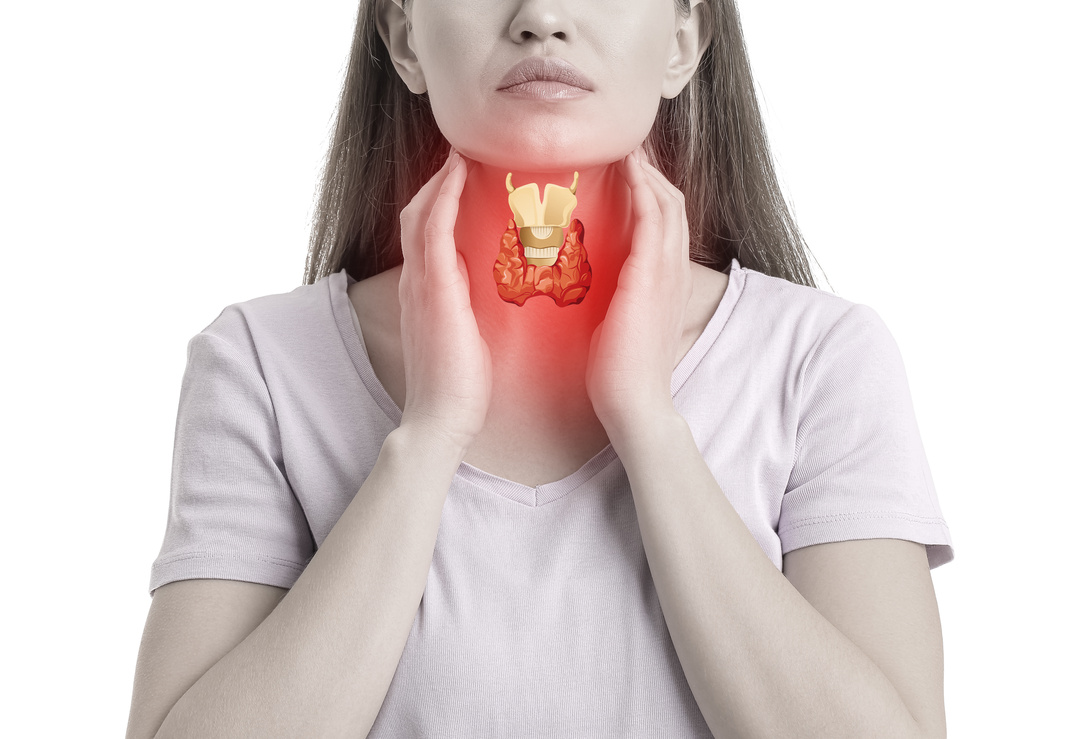 Woman with Thyroid Gland Problem on White Background